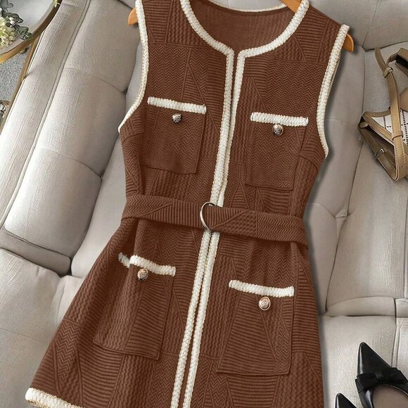 Brown Elegant Women's Quilted Jacquard Sleeveless Vest - Picture 1 of 6